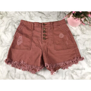 VINTAGE NOBO High Rise Button Distressed Denim Jean Shorts Orange Frayed SZ 5